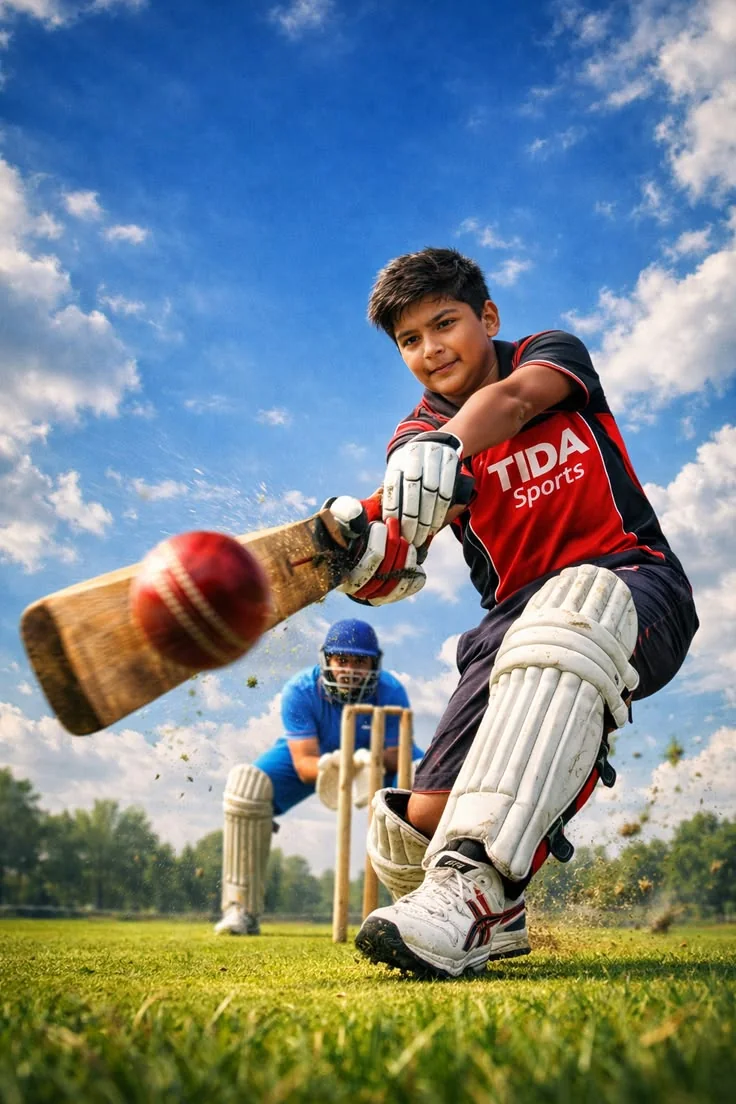 Young cricketer playing a shot under a blue sky