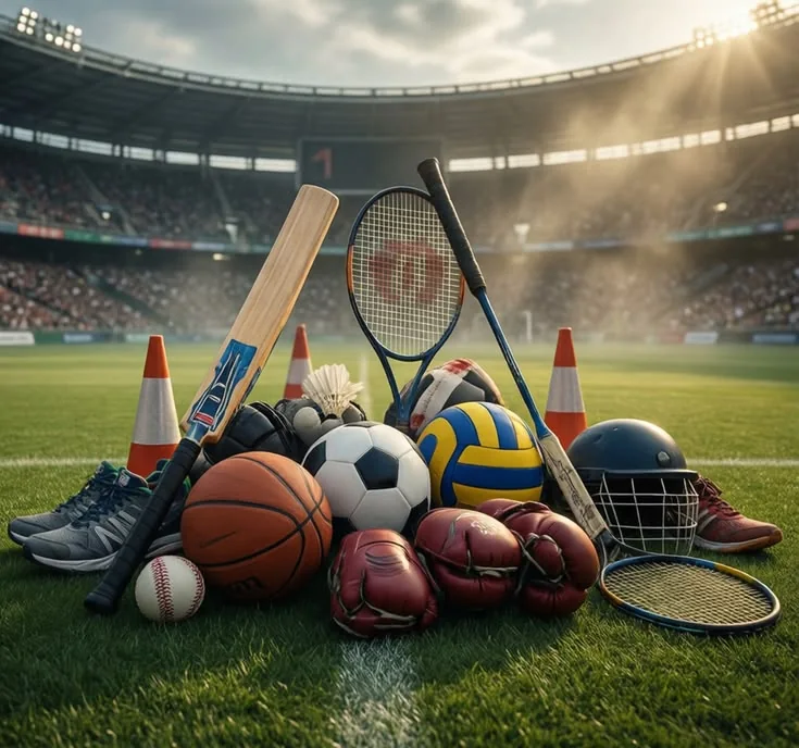 Sports equipment laid out on a stadium pitch