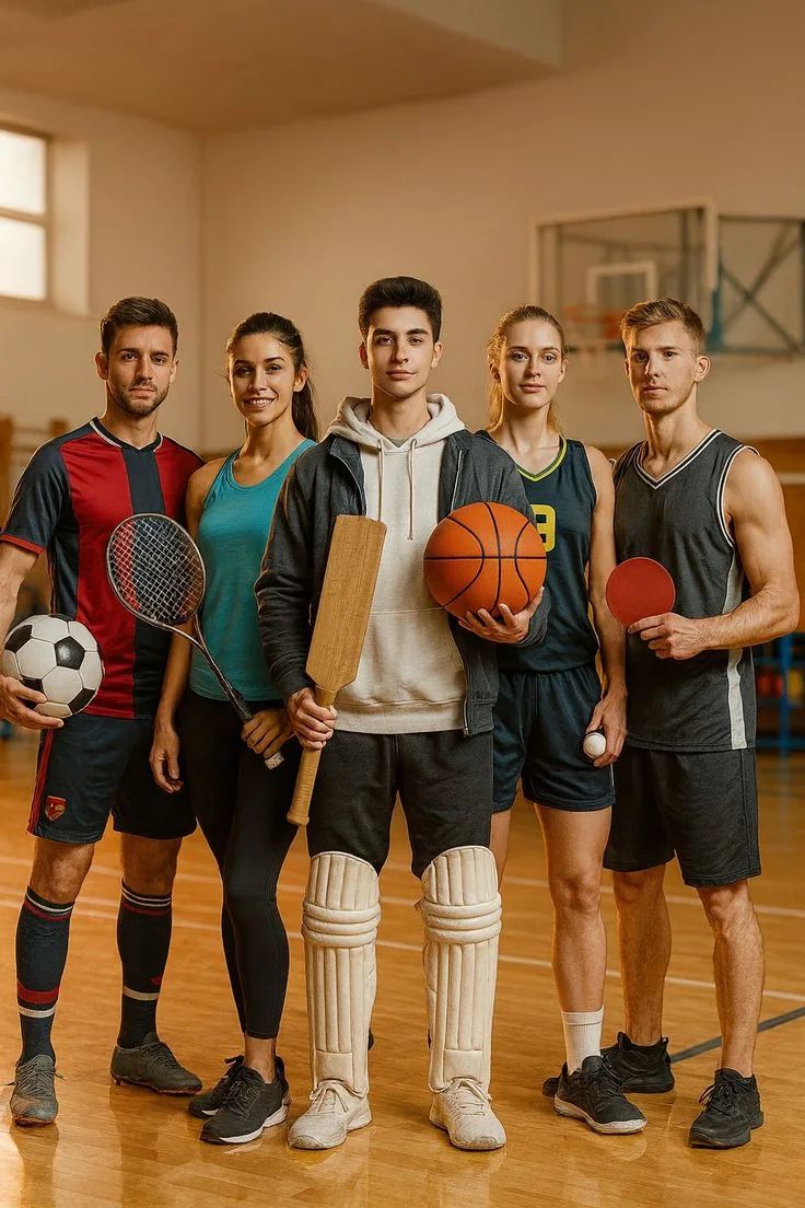 A group of athletes from different sports standing together in a sports hall